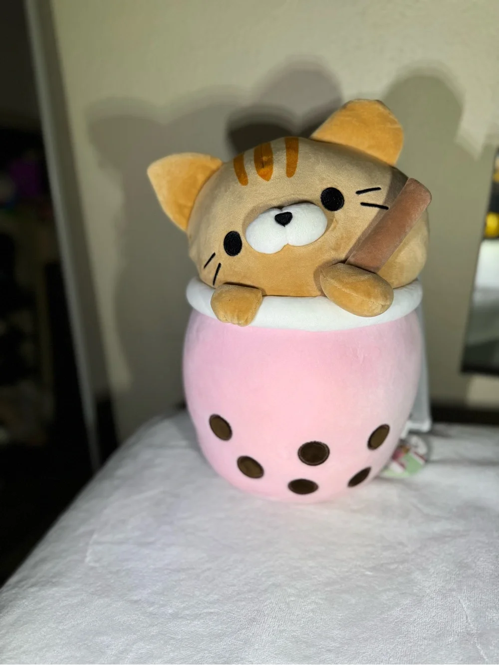 Kawaii Plush Cat in Pink Bubble Tea Cup Plush Toy via 14’